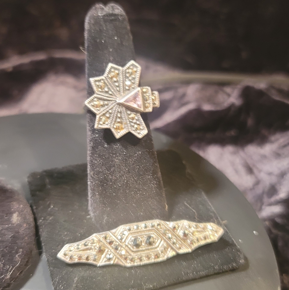 0514.Marcasite Set w/ Amythyst In Elegant 925 Silver Jewelry for Art Deco Lovers - Picture 4 of 15